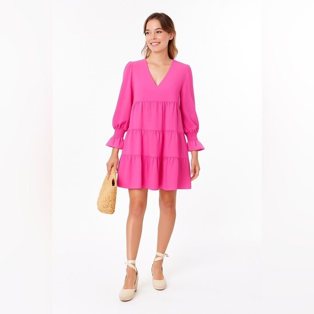 Pomander Place Kenzo Dress NWT XS Hot Pink Tiered Mini Crepe Tuckernuck - Picture 2 of 15